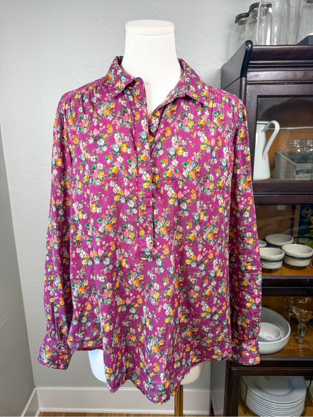 Sundance Floral Cotton Popover Blouse Burgundy Boho Cottagecore Size M